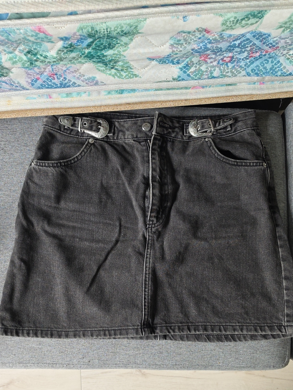 Topshop Black Denim Mini Skirt with Buckle Waist Details